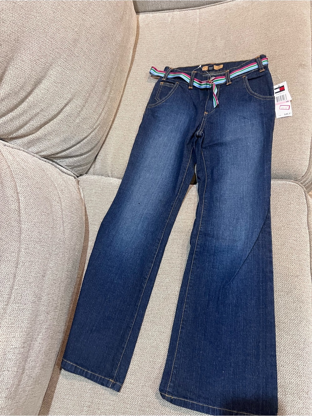 Tommy Hilfiger Dark Blue Wide-Leg Kids Jeans with Multicolor Striped Belt
